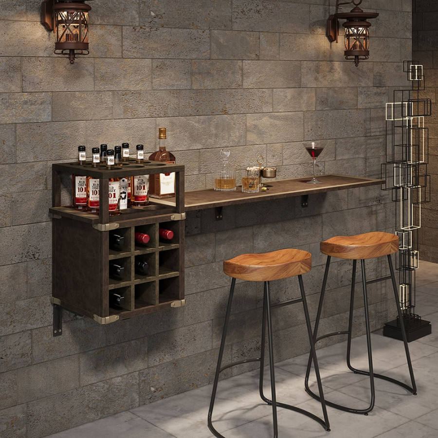 HMR - 71" Wall Mounted Bar Table with Wine Bottle Storage Brown Faux Leather Wood Pub Table