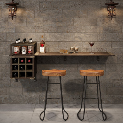 HMR - 71" Wall Mounted Bar Table with Wine Bottle Storage Brown Faux Leather Wood Pub Table