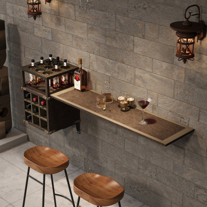 HMR - 71" Wall Mounted Bar Table with Wine Bottle Storage Brown Faux Leather Wood Pub Table