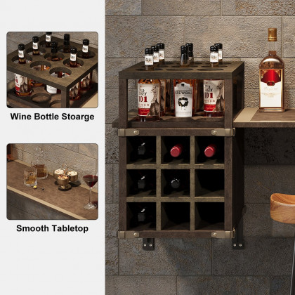 HMR - 71" Wall Mounted Bar Table with Wine Bottle Storage Brown Faux Leather Wood Pub Table