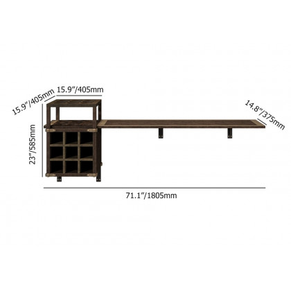 HMR - 71" Wall Mounted Bar Table with Wine Bottle Storage Brown Faux Leather Wood Pub Table
