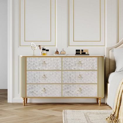 HMR - Art Deco 6 Drawer Dresser Capiz Shell Beige Chest Storag Cabinet with Sintered Stone Top