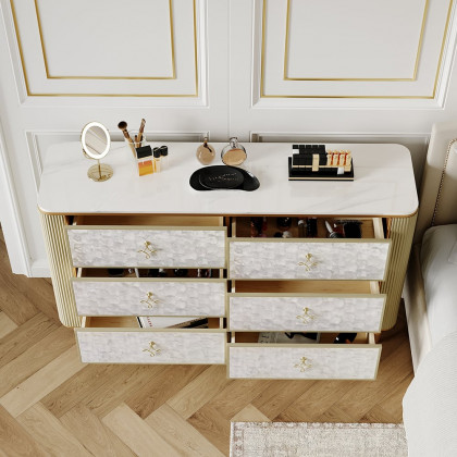 HMR - Art Deco 6 Drawer Dresser Capiz Shell Beige Chest Storag Cabinet with Sintered Stone Top
