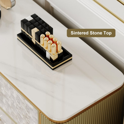 HMR - Art Deco 6 Drawer Dresser Capiz Shell Beige Chest Storag Cabinet with Sintered Stone Top