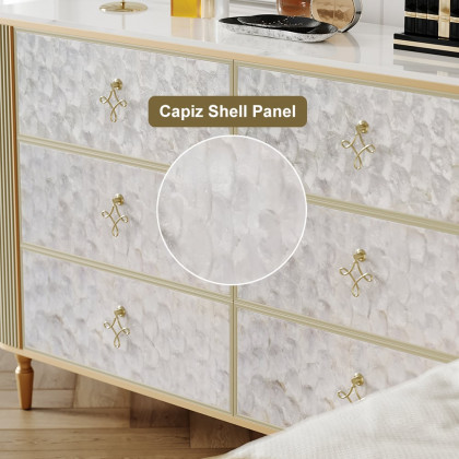 HMR - Art Deco 6 Drawer Dresser Capiz Shell Beige Chest Storag Cabinet with Sintered Stone Top