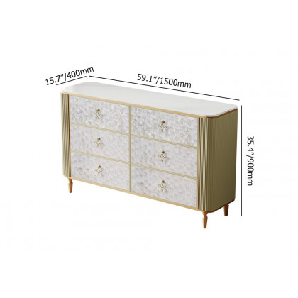 HMR - Art Deco 6 Drawer Dresser Capiz Shell Beige Chest Storag Cabinet with Sintered Stone Top