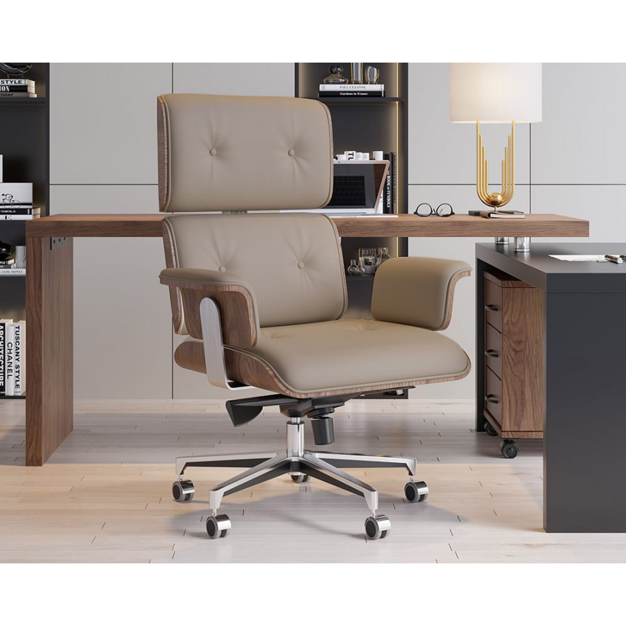 HMR Modern Home Office Chair Swivel Upholstered Wooden Office Chair Adjustable Height - Khaki