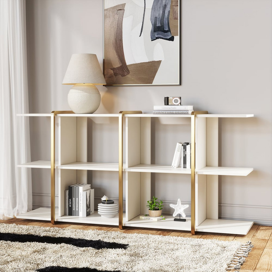 HMR - 72" Long Low Bookshelf 2-Shelf Open Horizontal Bookcase White & Gold