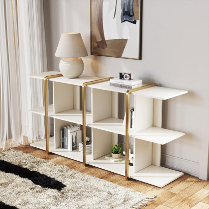 HMR - 72" Long Low Bookshelf 2-Shelf Open Horizontal Bookcase White & Gold