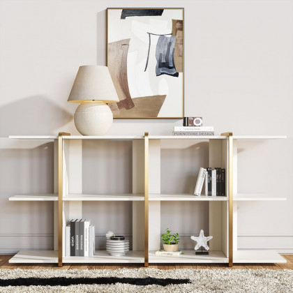 HMR - 72" Long Low Bookshelf 2-Shelf Open Horizontal Bookcase White & Gold