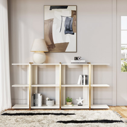 HMR - 72" Long Low Bookshelf 2-Shelf Open Horizontal Bookcase White & Gold