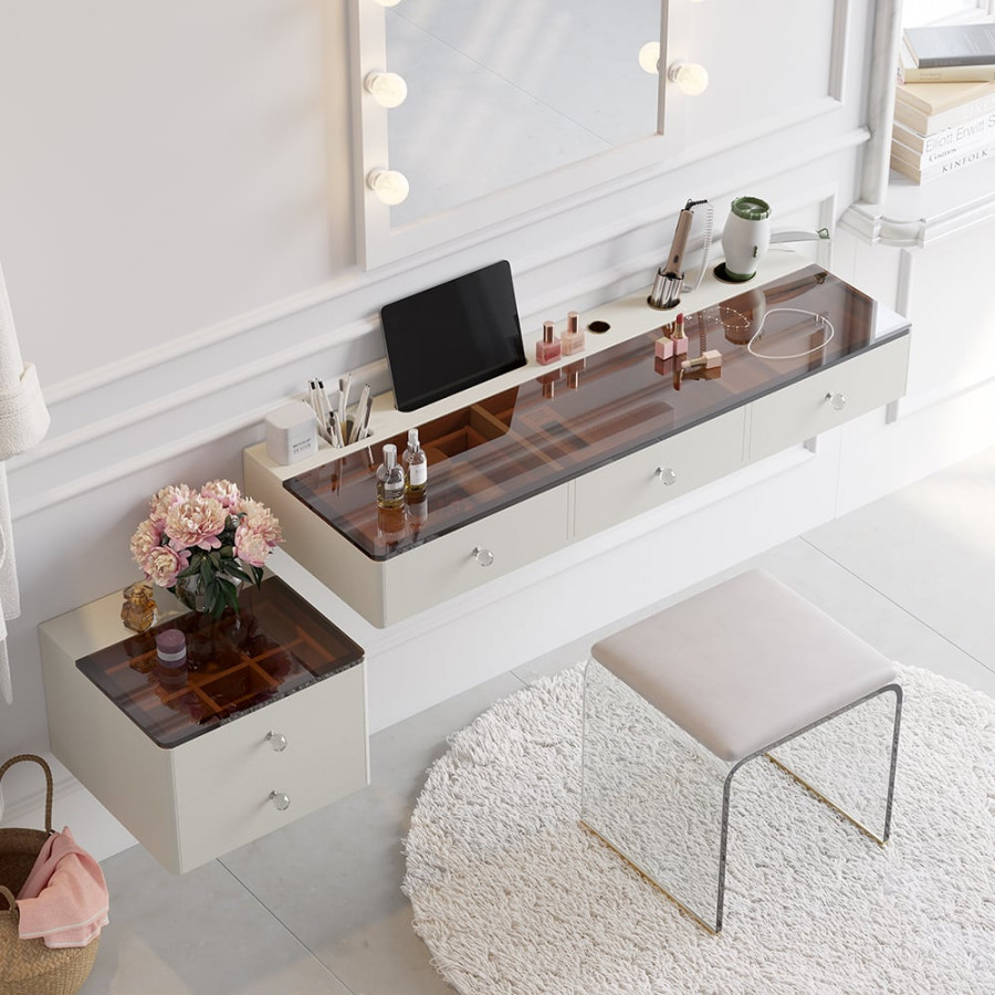 HMR - 47" Leather Floating Tempered Glass Top Makeup Vanity Set with Stool