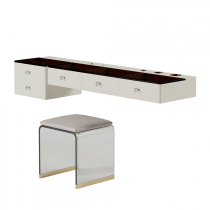 HMR - 47" Leather Floating Tempered Glass Top Makeup Vanity Set with Stool
