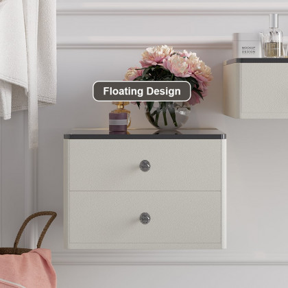 HMR - 47" Leather Floating Tempered Glass Top Makeup Vanity Set with Stool