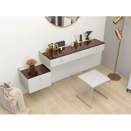 HMR - 47" Leather Floating Tempered Glass Top Makeup Vanity Set with Stool