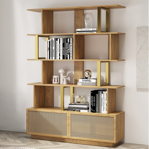 HMR 5-Tier Wood Bookshelf with 2 Doors Modern Bookcase in Gold Finish - Natural