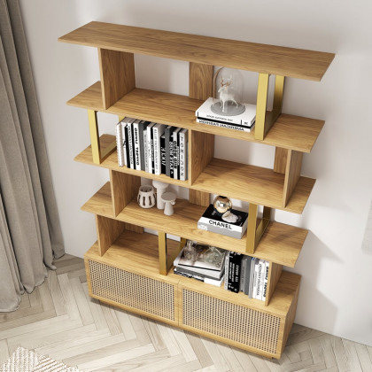 HMR 5-Tier Wood Bookshelf with 2 Doors Modern Bookcase in Gold Finish - Natural
