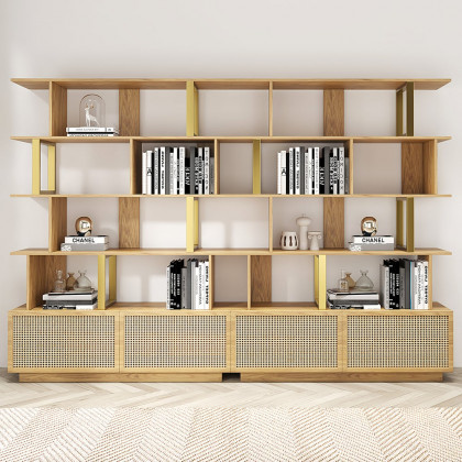 HMR 5-Tier Wood Bookshelf with 2 Doors Modern Bookcase in Gold Finish - Natural