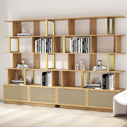 HMR 5-Tier Wood Bookshelf with 2 Doors Modern Bookcase in Gold Finish - Natural