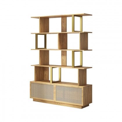 HMR 5-Tier Wood Bookshelf with 2 Doors Modern Bookcase in Gold Finish - Natural