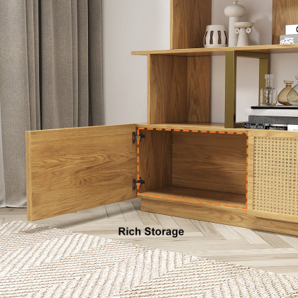 HMR 5-Tier Wood Bookshelf with 2 Doors Modern Bookcase in Gold Finish - Natural