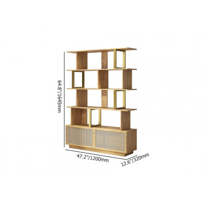 HMR 5-Tier Wood Bookshelf with 2 Doors Modern Bookcase in Gold Finish - Natural