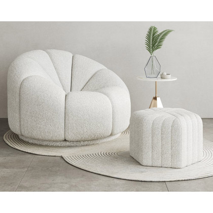 HMR Wide Hexagonal Pouf Ottoman - White, Velvet