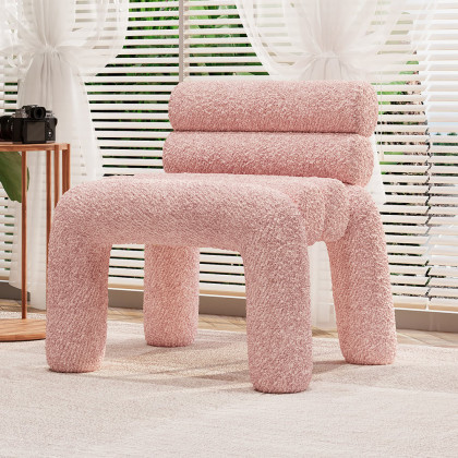HMR Modern Boucle Accent Chair Upholstery Horizontal Channeled for Living Room - Pink