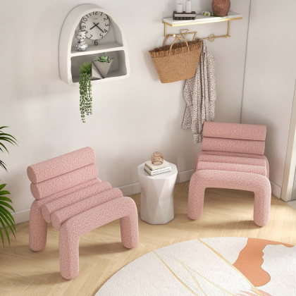 HMR Modern Boucle Accent Chair Upholstery Horizontal Channeled for Living Room - Pink