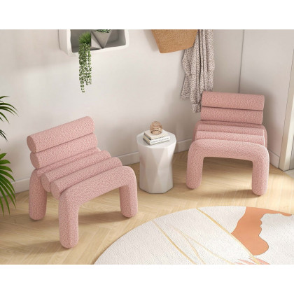 HMR Modern Boucle Accent Chair Upholstery Horizontal Channeled for Living Room - Pink