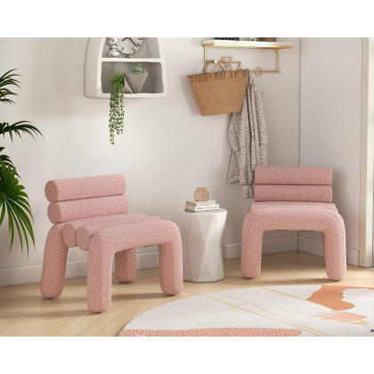 HMR Modern Boucle Accent Chair Upholstery Horizontal Channeled for Living Room - Pink
