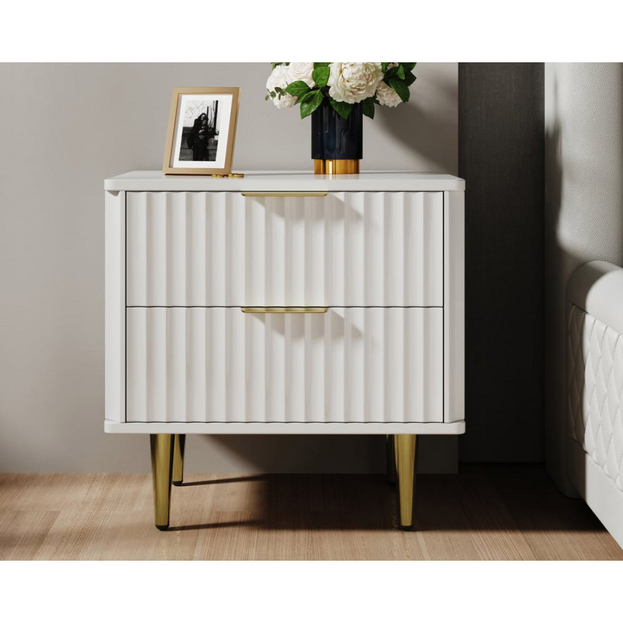 HMR - Modern White Nightstand with 2 Drawers Bedside Table with Gold Legs