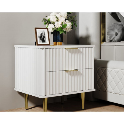 HMR - Modern White Nightstand with 2 Drawers Bedside Table with Gold Legs