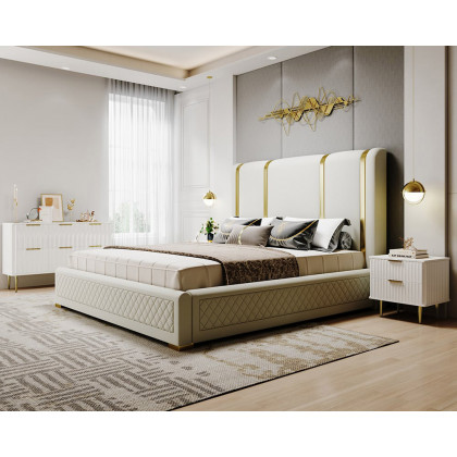 HMR - Modern White Nightstand with 2 Drawers Bedside Table with Gold Legs