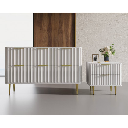 HMR - Modern White Nightstand with 2 Drawers Bedside Table with Gold Legs