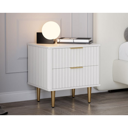 HMR - Modern White Nightstand with 2 Drawers Bedside Table with Gold Legs