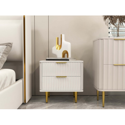 HMR - Modern White Nightstand with 2 Drawers Bedside Table with Gold Legs