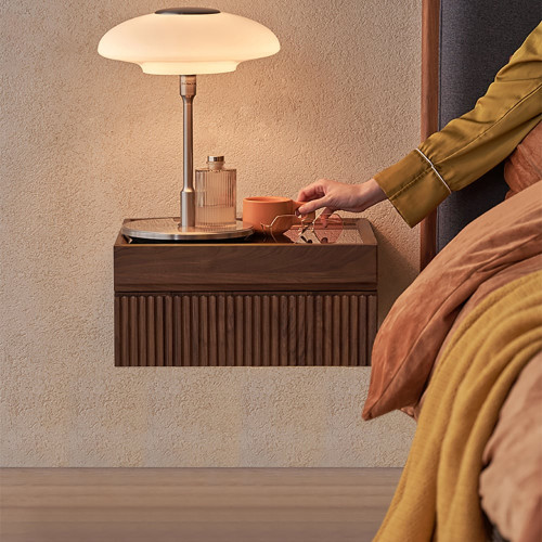 HMR Modern Floating Nightstand with Glass Top & Jewelry Storage Bedside Table - Walnut, Set Of 2