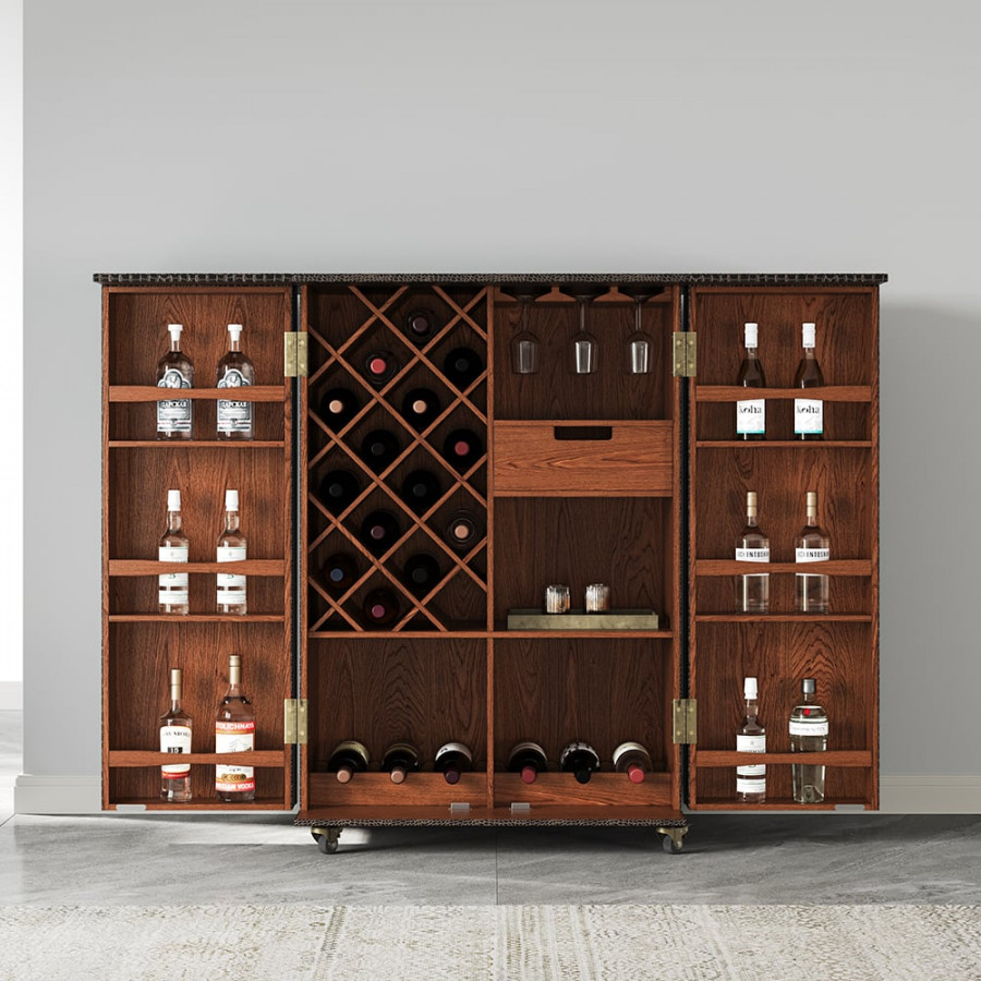 HMR - Industrial Black Leather Fold Out Home Bar Cabinet on Wheels with Storage Bar Table