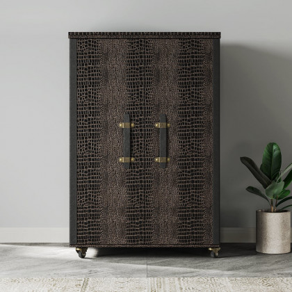 HMR - Industrial Black Leather Fold Out Home Bar Cabinet on Wheels with Storage Bar Table