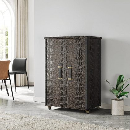 HMR - Industrial Black Leather Fold Out Home Bar Cabinet on Wheels with Storage Bar Table