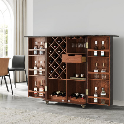 HMR - Industrial Black Leather Fold Out Home Bar Cabinet on Wheels with Storage Bar Table