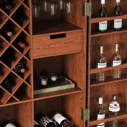 HMR - Industrial Black Leather Fold Out Home Bar Cabinet on Wheels with Storage Bar Table