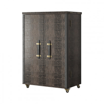 HMR - Industrial Black Leather Fold Out Home Bar Cabinet on Wheels with Storage Bar Table