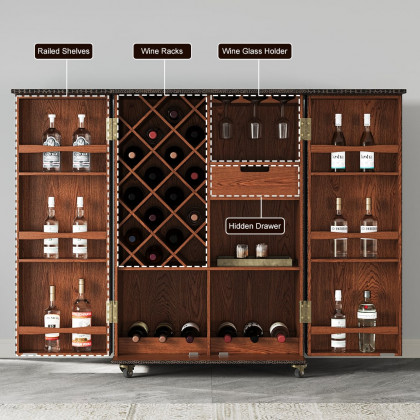 HMR - Industrial Black Leather Fold Out Home Bar Cabinet on Wheels with Storage Bar Table