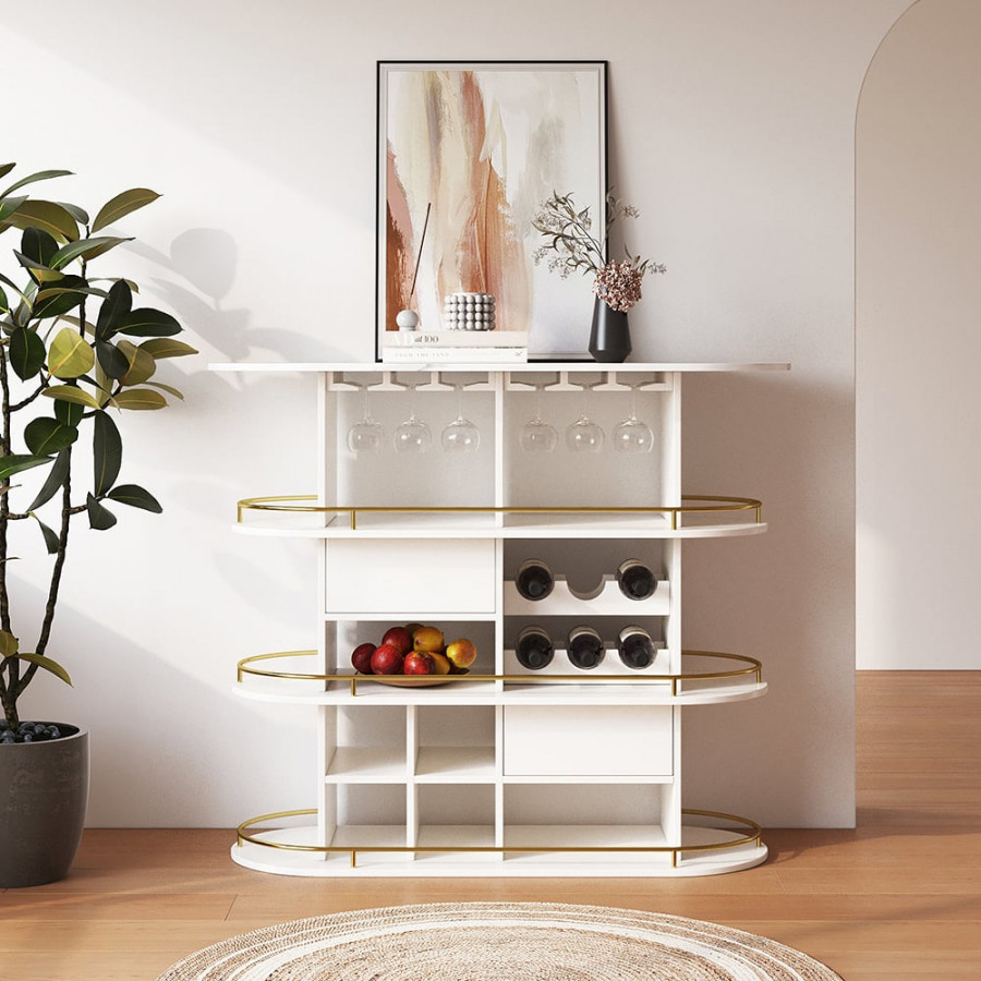 HMR - 47" White Oval Bar Table with Wine Rack Glass Holder Liquor Tier Storage 2-Drawer
