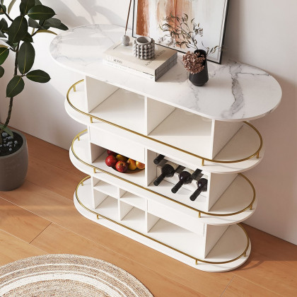 HMR - 47" White Oval Bar Table with Wine Rack Glass Holder Liquor Tier Storage 2-Drawer