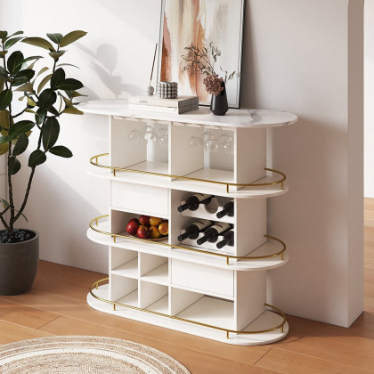 HMR - 47" White Oval Bar Table with Wine Rack Glass Holder Liquor Tier Storage 2-Drawer