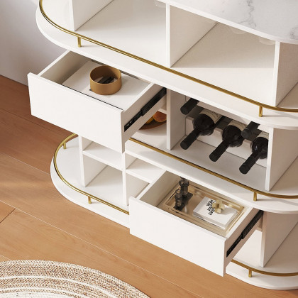 HMR - 47" White Oval Bar Table with Wine Rack Glass Holder Liquor Tier Storage 2-Drawer