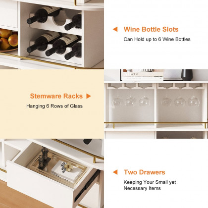 HMR - 47" White Oval Bar Table with Wine Rack Glass Holder Liquor Tier Storage 2-Drawer